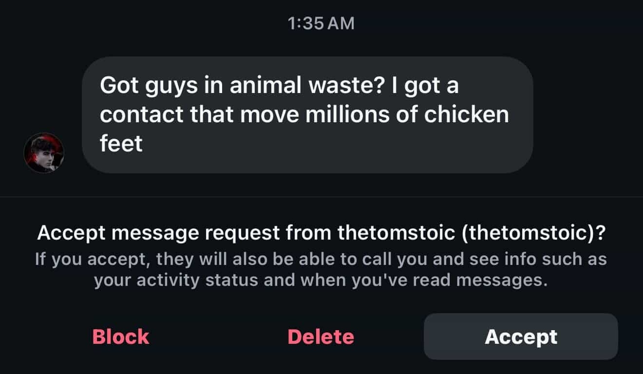 Inbound DM — chicken feet